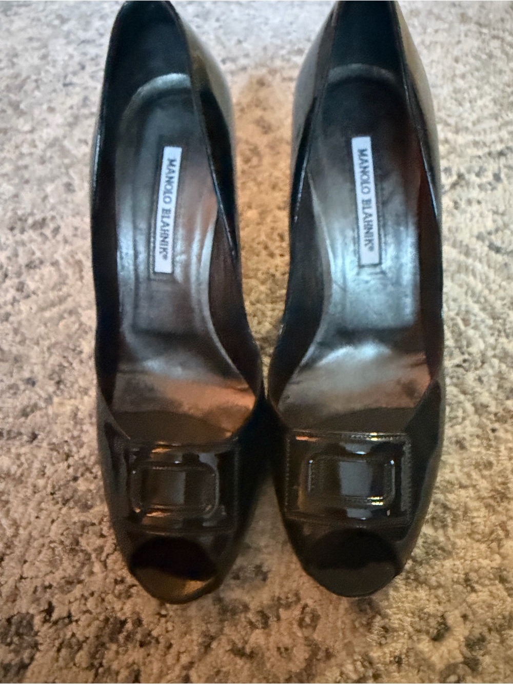 Manolo Blahnik Black Patent Peep-Toe Pumps with Buckle